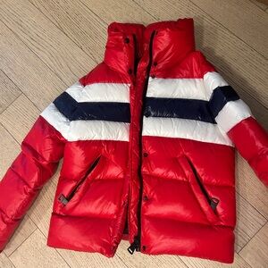 SAM. Red Puffer Jacket with White and Navy Stripes